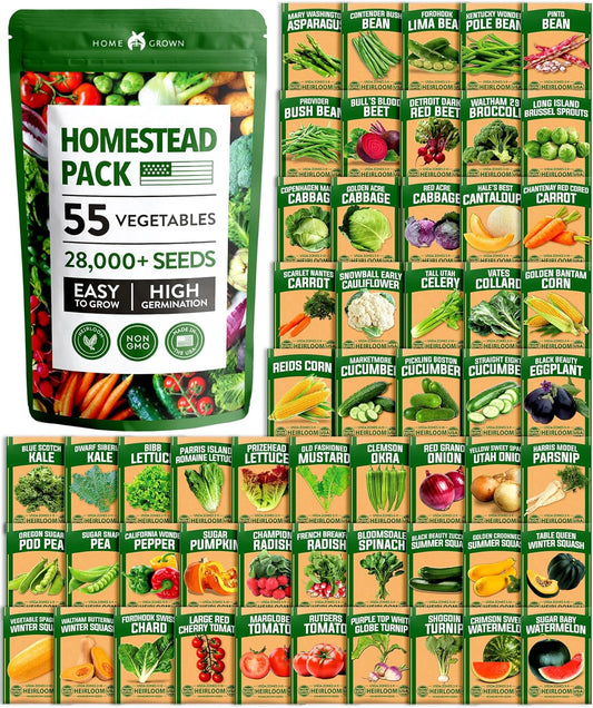 HOME GROWN 𝗨𝗦𝗔 𝗣𝗥𝗘𝗠𝗜𝗨𝗠 55 Vegetable Seeds Pack 28,000+ Non-GMO Heirloom Seeds for Planting, Spring Fall Winter Garden Kit, Survival Seed Vault for Preppers & Gardeners, Gift for Men & Women