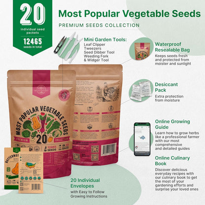 20 Vegetable Seeds Variety Pack - 12,465+ Non-GMO Heirloom Seeds for Planting Vegetables and Fruits in Individual Seed Packets, Home Garden Seed for Hydroponic, Indoor and Outdoors Gardening