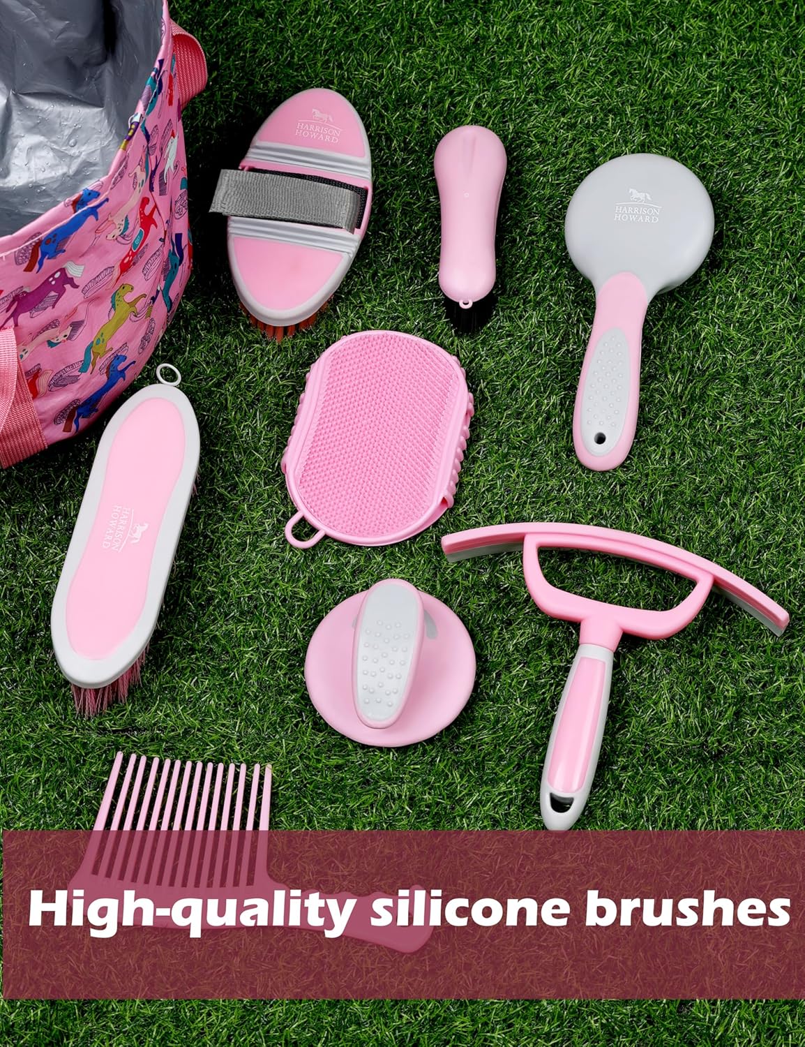 Harrison Howard Horse Grooming Kit 11-Piece Equine Care Series Horse Brush Sets with Organizer Tote Bag Tack Room Supplies Shedding Grooming Massaging Tools Pink Brushstroke Ponies