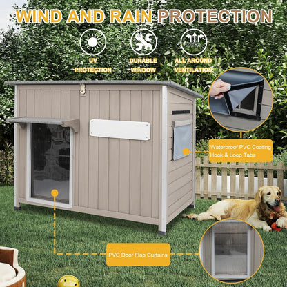 Weatherproof Outdoor Dog House, Wooden Puppy Shelter with Anti-Chewing Iron Frame and Elevated Floor, Sturdy Dog Kennel for Small, Medium & Large Dogs, Grey (Gray, 40" L x 26" W x 31" H)