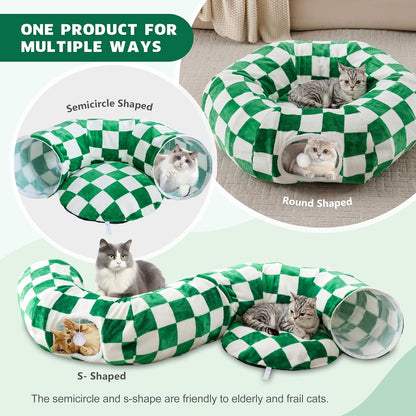 Cat Tunnel for Indoor Cats, Cute Peekaboo Cat Cave with Dangling Balls, Checkered Pet Donut Tunnel Bed with Circle Mat for Puppy Kitten Rabbit, Green/White