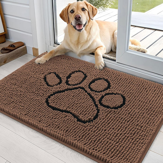 OLANLY Door Mat for Muddy Dog Paws 36x24, Ultra Absorbent Chenille Mud Doormat with Paw Print Design, Non-Slip Washable Doormat for Indoor Entryway, Quick-Dry Pet Bed Mats for Dirty Dogs, Mocha