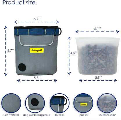 Dog Treat Pouch for Pet Walking and Training with Clicker 2 Cup Silicone Bag Small Fanny Pack Holder for Puppy Snack Dispenser Kit for Leash and Outdoor Use (Gray)