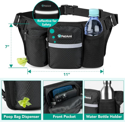PetAmi Premium Hands Free Dog Leash for 2 Dogs, Adjustable Waist Belt Leash for Dog Walking, Fanny Pack Accessories Bag Dual Bungee Leash for Running, Hiking, Jogging, Biking, Black