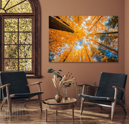 Nature Wall Art Prints - Ocean Forest Mountain Lake Canvas Landscapes - Small to Extra Large Living Room Bedroom Kitchen Bathroom Décor (Blue Sky Through Yellow Autumn Trees, 16L" x 24W")