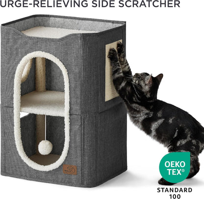 Bedsure 2 Story Cat House - Cat Condos for Indoor Cats with Scratch Pad and Fluffy Ball Hanging, Small Pet Cave Furniture Hideaway for Multi Pets, 18x14x23 inches, Dark Grey