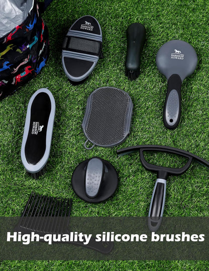 Harrison Howard Horse Grooming Kit 11-Piece Equine Care Series Horse Brush Sets with Organizer Tote Bag Tack Room Supplies Shedding Grooming Massaging Tools Black Brushstroke Ponies