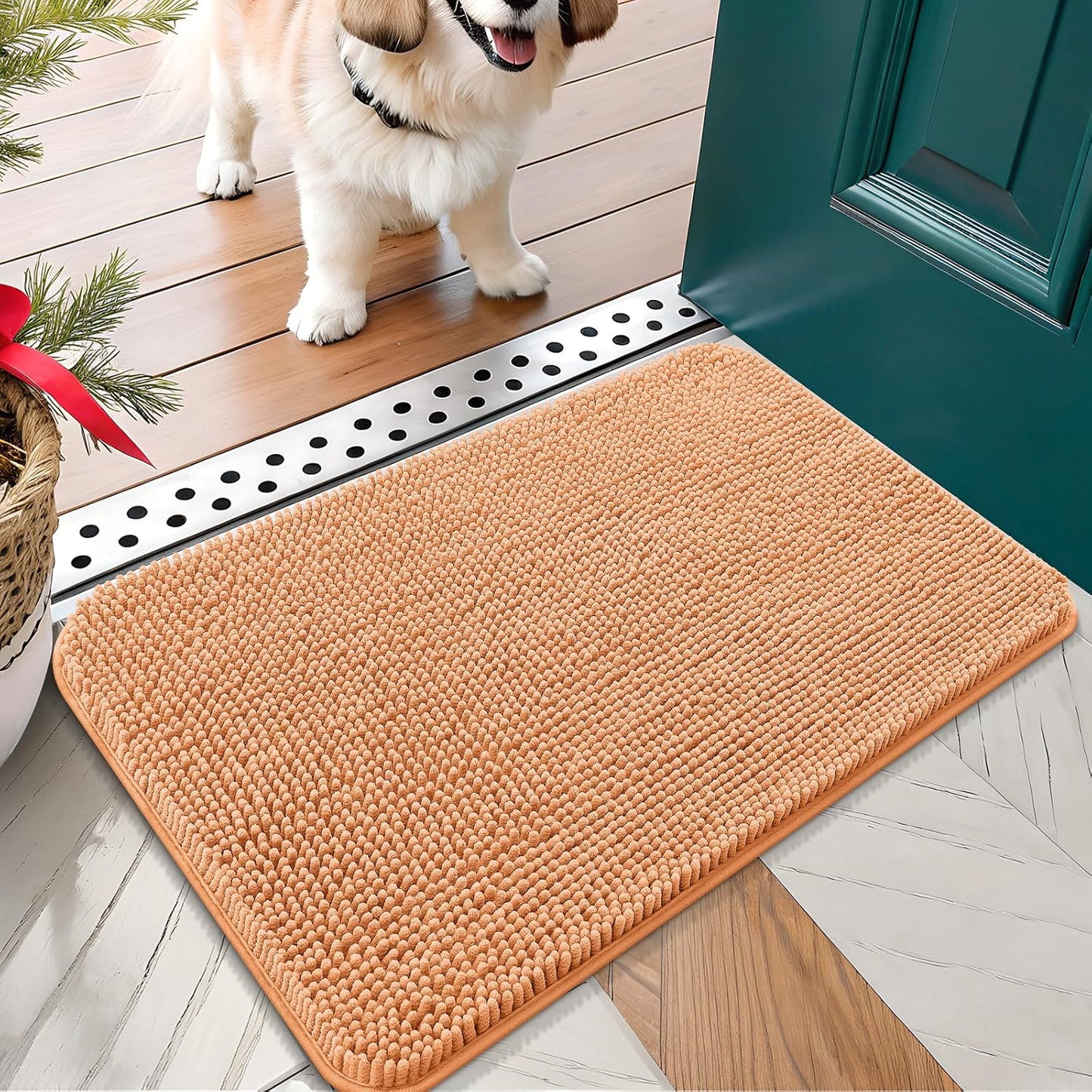 OLANLY Dog Door Mat for Muddy Paws 24x16, Absorbs Moisture and Dirt, Absorbent Non-Slip Washable Doormat, Quick Dry Chenille Mud Mat for Dogs, Entry Indoor Entryway Carpet for Inside Floor, Orange