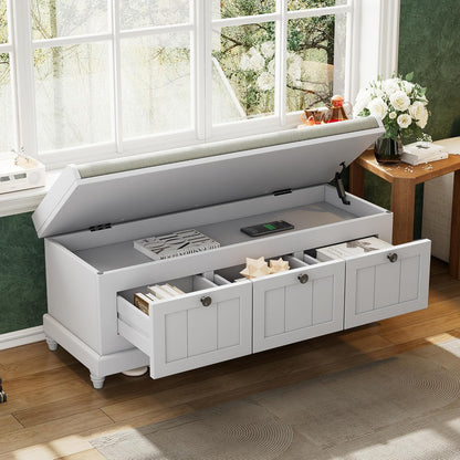 Classic Shoe Storage Bench with Cushion and Three Drawers, Fluted Entryway Bench with Storage for Entryway, Living Room, Hallways 44.0" L x 15.9" W x 18.9" H Gray Wash