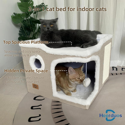 Cat Bed for Indoor Cats,Covered Cat Cave House & Furniture with Scratch Pad,Foldable Cat Hideaway Hut Cute Cat Condo with Soft Washable Mat for Multi Small Pet Under 30 lbs,Khaki