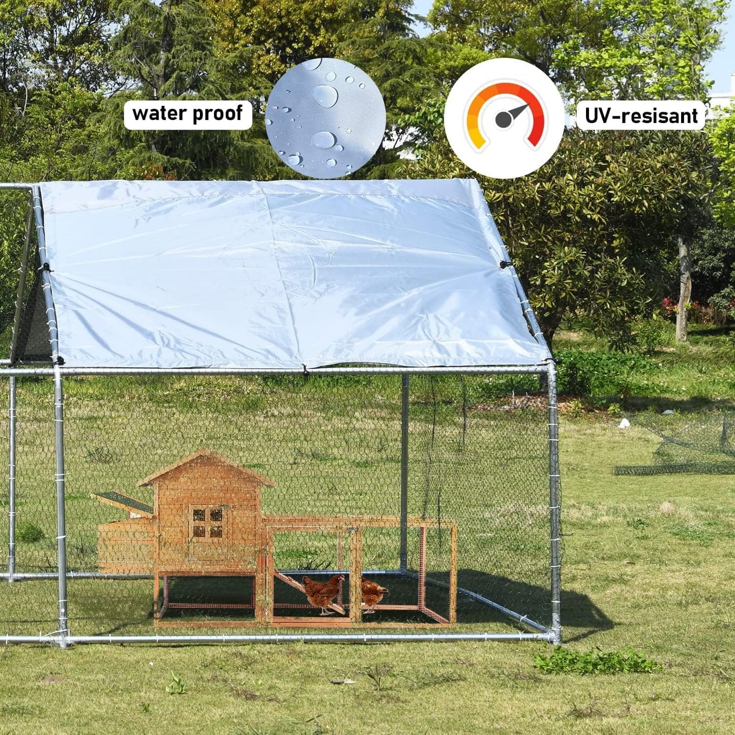 1.26’’ Large Metal Chicken Coop Walk in, Chicken Pen for Chickens, Outdoor Chicken Runs Coops Dog Kennel, Spire Roofed Chicken Runs for Yard with Anti-Ultraviolet Cover(9.8’Lx6.6’Wx6.4’H)