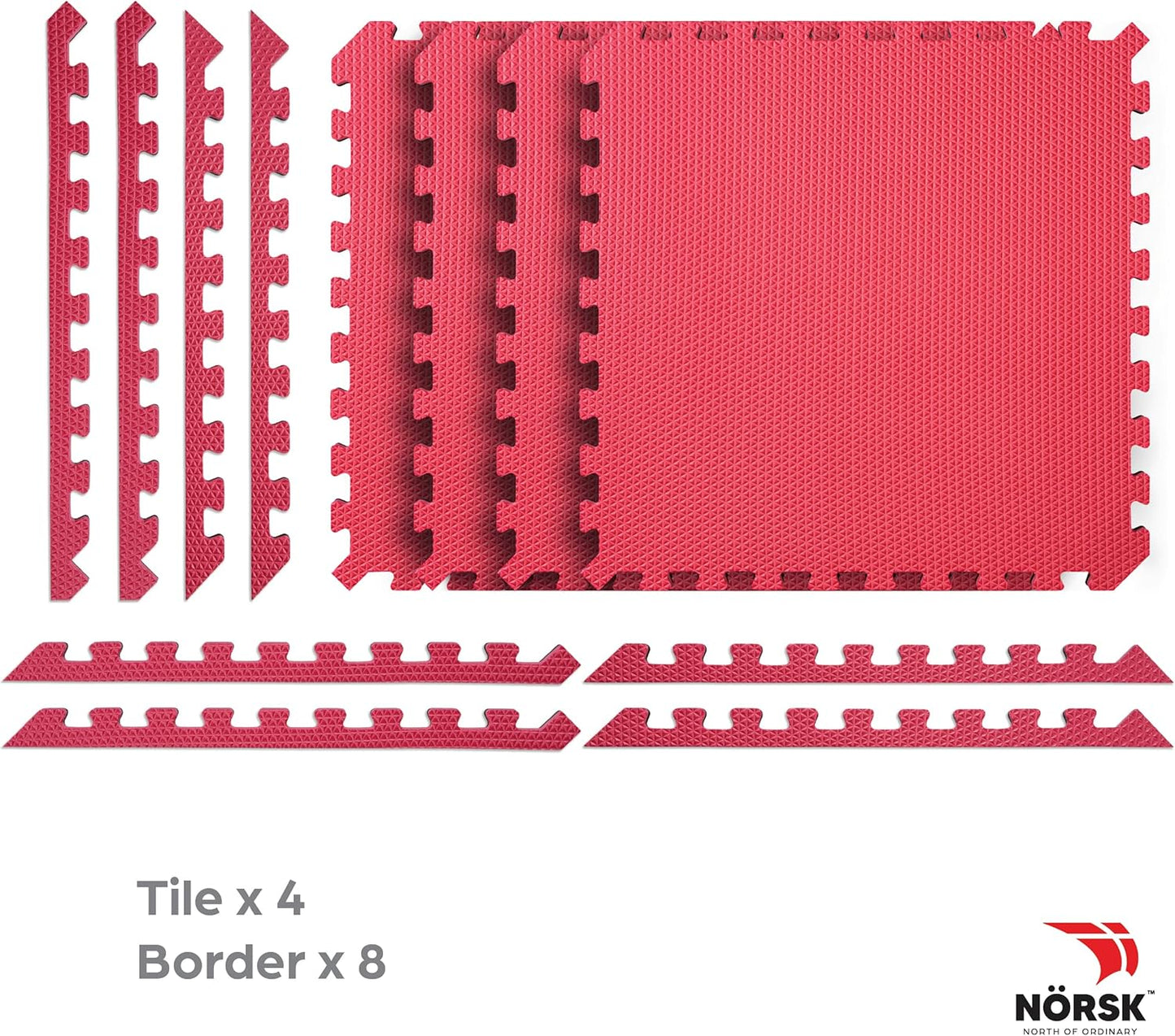 Norsk Reversible Gym Exercise Mats 3/4" Thick EVA Interlocking Foam Tiles, Perfect Home Gym Flooring, 16 24"x24" Tiles & 32 Trim Pieces, 64 Sq. Ft. Reversible, Red/Black