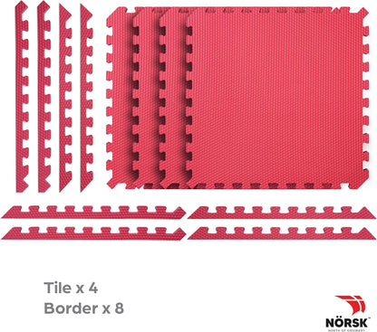Norsk Reversible Gym Exercise Mats 3/4" Thick EVA Interlocking Foam Tiles, Perfect Home Gym Flooring, 16 24"x24" Tiles & 32 Trim Pieces, 64 Sq. Ft. Reversible, Red/Black