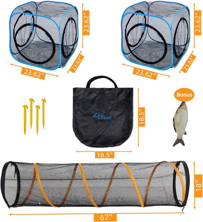Pet Play Tunnel + Cube(with Three Ways) for Indoor and Outdoor, Kitty Play House, Cat Enclosures, Collapsible Cat Tent, Cage, Kitten Toys Easy to Connect with Kitty Tent（2 Cubes + Run Tunnel）