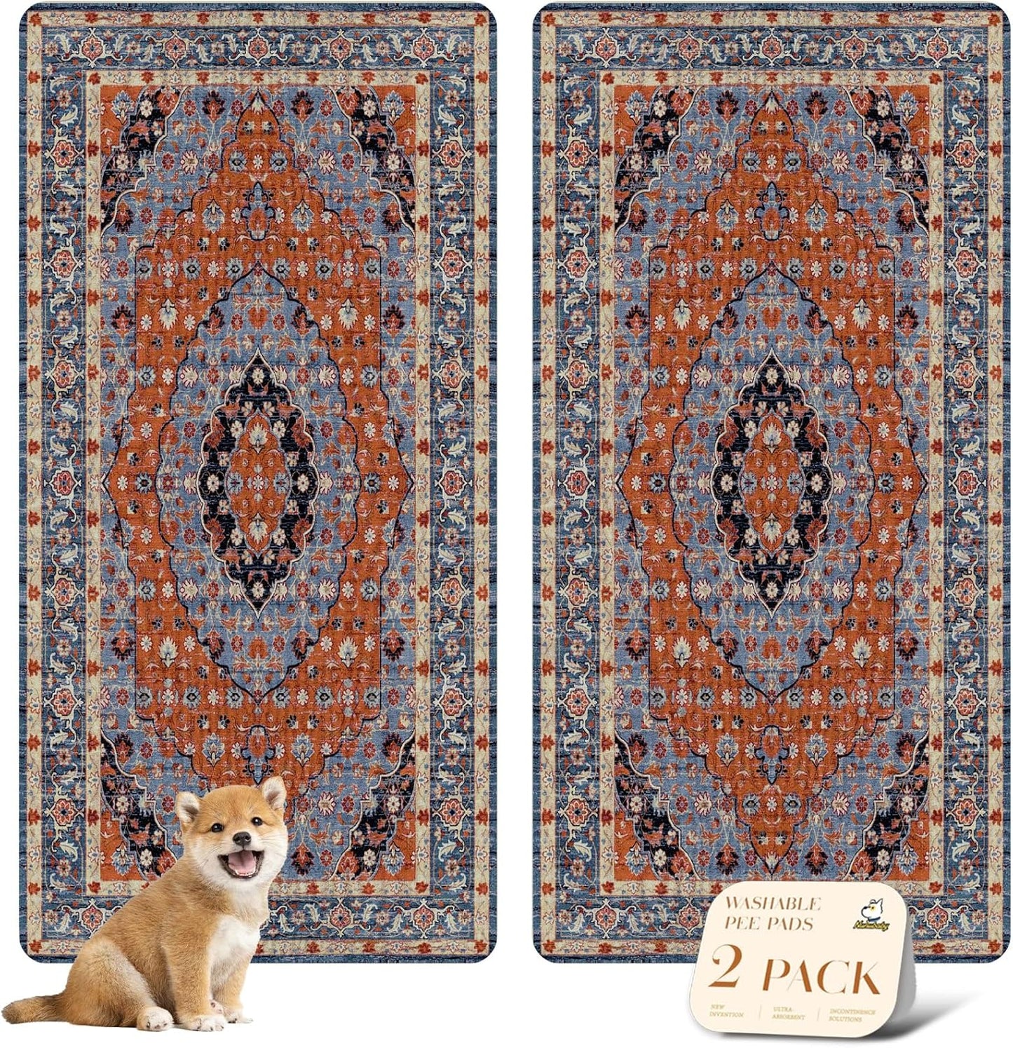 nunubaby Washable Pee Pads for Dogs, Stylish, Non-Slip and Leak-Proof Pee Pads. Reusable Potty Pads for Dogs for Crates and Floors.(Red/Floral, 36" x72")