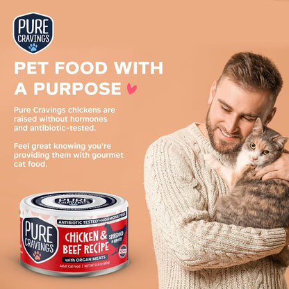 Chicken and Beef Recipe in Broth, Shredded Wet Cat Food, Grain-Free Protein, Non-GMO, 12 Pack