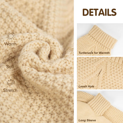 cyeollo Dog Sweater Turtleneck Knitted Sweaters with Leash Hole Winter Dog Clothes Sweaters for Small Dogs Beige