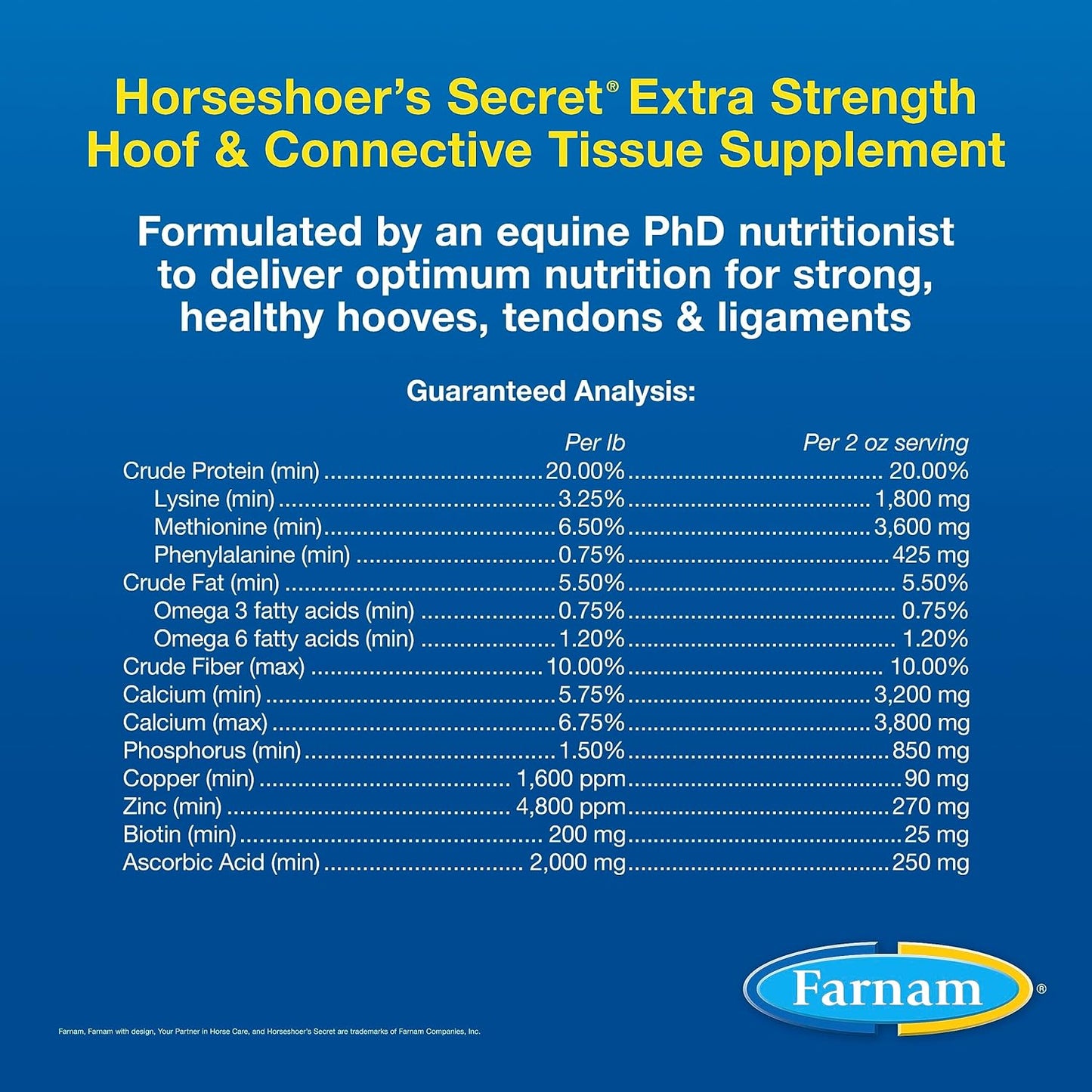 Farnam Horseshoer's Secret Extra Strength Hoof Supplements & Connective Tissue Supplement, Promotes Strong, Healthy Hooves, Tendon & ligaments, 7.5 lbs, 60 Day Supply