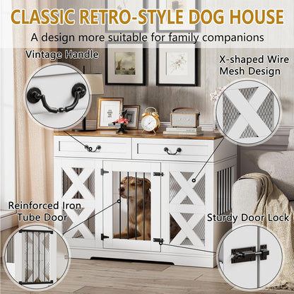 Large Dog Crate Furniture - Dog Kennel with Drawers Storage and Locks, 2-in-1 Crates for Dogs Indoor, Heavy Duty Dog Crate for One Large or 2 Small Dogs