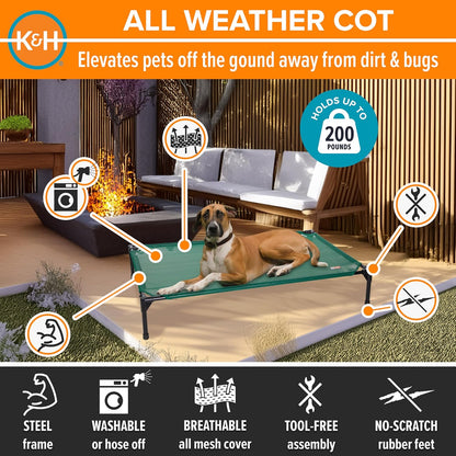 K&H Pet Products Cooling Elevated Dog Bed, Outdoor Raised Cot with Waterproof Breathable Mesh for Large Dogs, Portable Place Bed with Heavy-Duty Metal Frame, Big Hammock Style - Large Green