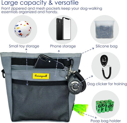 Dog Treat Pouch with Magnetic Closure 4-Cup Silicone Bag Fanny Pack Holder with Clicker 4 Ways to Wear Front Pocket Fits All Phones Ideal for Leash, Pet Walking and Training（Gray）