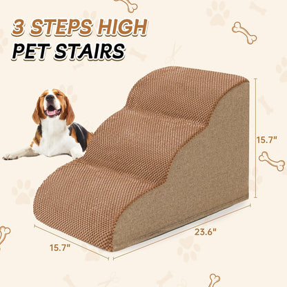 Romrol Dog Stairs Ramp for High Beds Couches, High Density Foam Pet Steps with Durable Non-Slip Waterproof Fabric Cover, Dog Stairs for Small Dogs or Cats or Pets, 3-Step,15 Inch,Light Brown