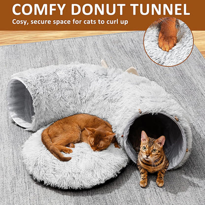Cat Tunnel with Cat Bed for Indoor Cats, Under Christmas Tree Soft Plush Peekaboo Cat Cave Donut Tunnel, Multifunctional Playground Toys Hideplace for Kittens, Rabbit, Ferret (Grey)