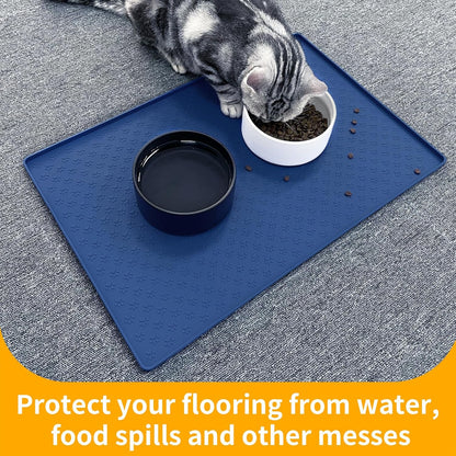 Ptlom Silicone Pet Placemat for Dog and Cat, Waterproof Non-Slip Pet Feeding Bowl Mats for Food and Water, Small Medium Large Tray Mat Prevent Residues from Spilling to Floor, Navy Blue, 18" 12"