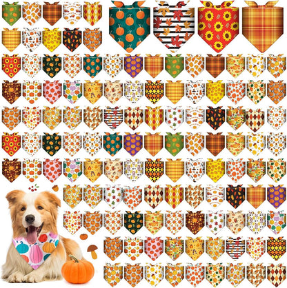 Sanwuta 120 Pcs Fall Thanksgiving Dog Bandanas Bulk, Dog Scarves for Small Medium Large Dogs Cats, Adjustable Triangle Pet Bandanas with Pumpkin Maple Leaf Plaid Prints for Autumn Party Decoration