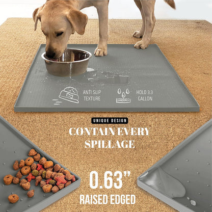 AVERYDAY 32x24'' Silicone Dog Mat for Food and Water, 0.63'' Edge Dog Food Bowl Mats for Floor Waterproof, Dogs Water Mat for Sloppy Drinker, Non Slip Rubber Pet Feeding Mats for Indoor Dogs and Cats