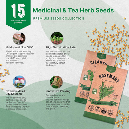 Organo Republic 15 Medicinal & Tea Herb Seeds Variety Pack 6,420+ Non-GMO Heirloom Garden Seeds for Indoor & Outdoors, Including Anise, Borage, Cilantro, Chamomile, Dandelion, Rosemary Seeds