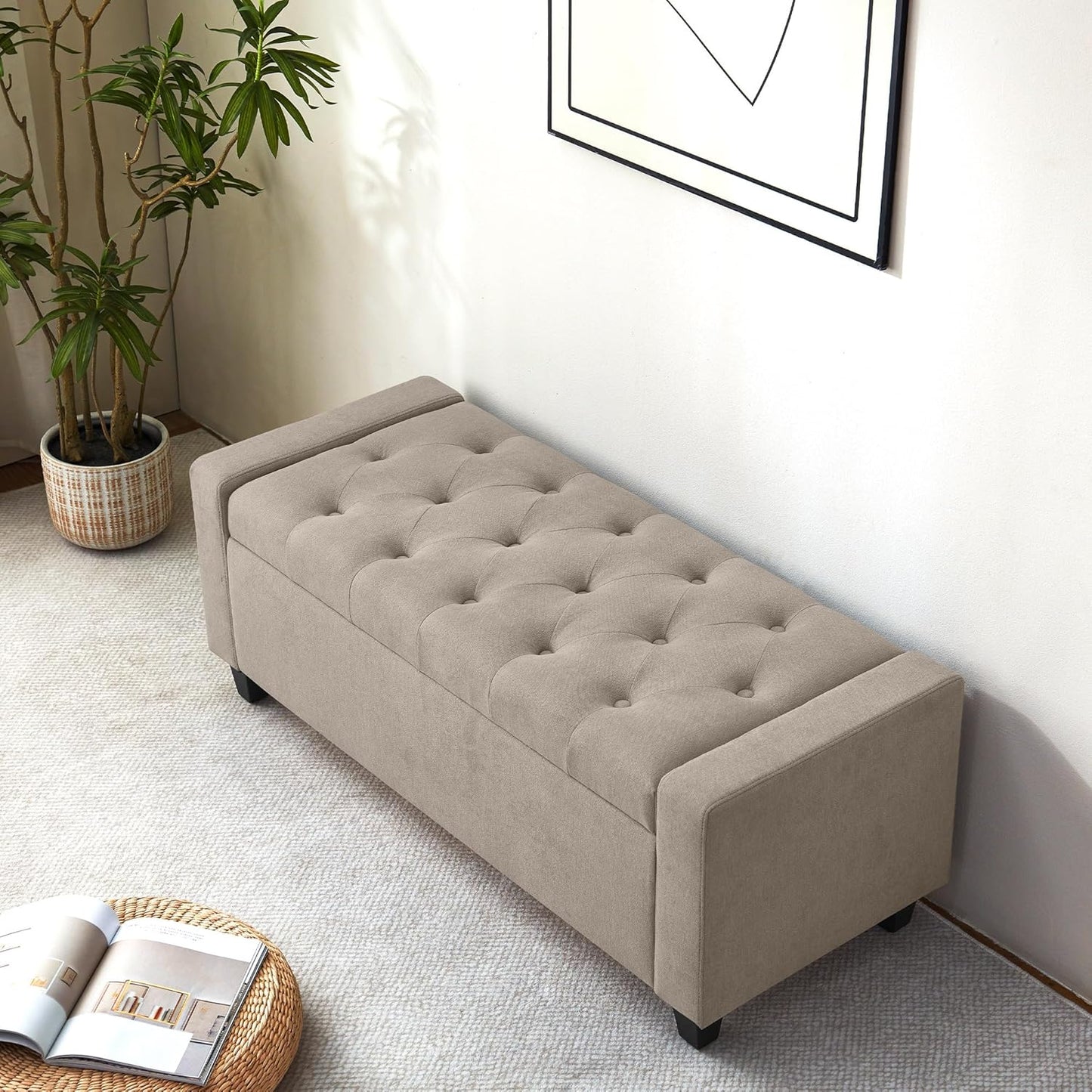 Ottoman with Storage, 48.8" Fabric Storage Ottoman Bench with Hinge, Bedroom Bench, Upholstered Benches with Seating for Living Room, Entryway (Khaki)