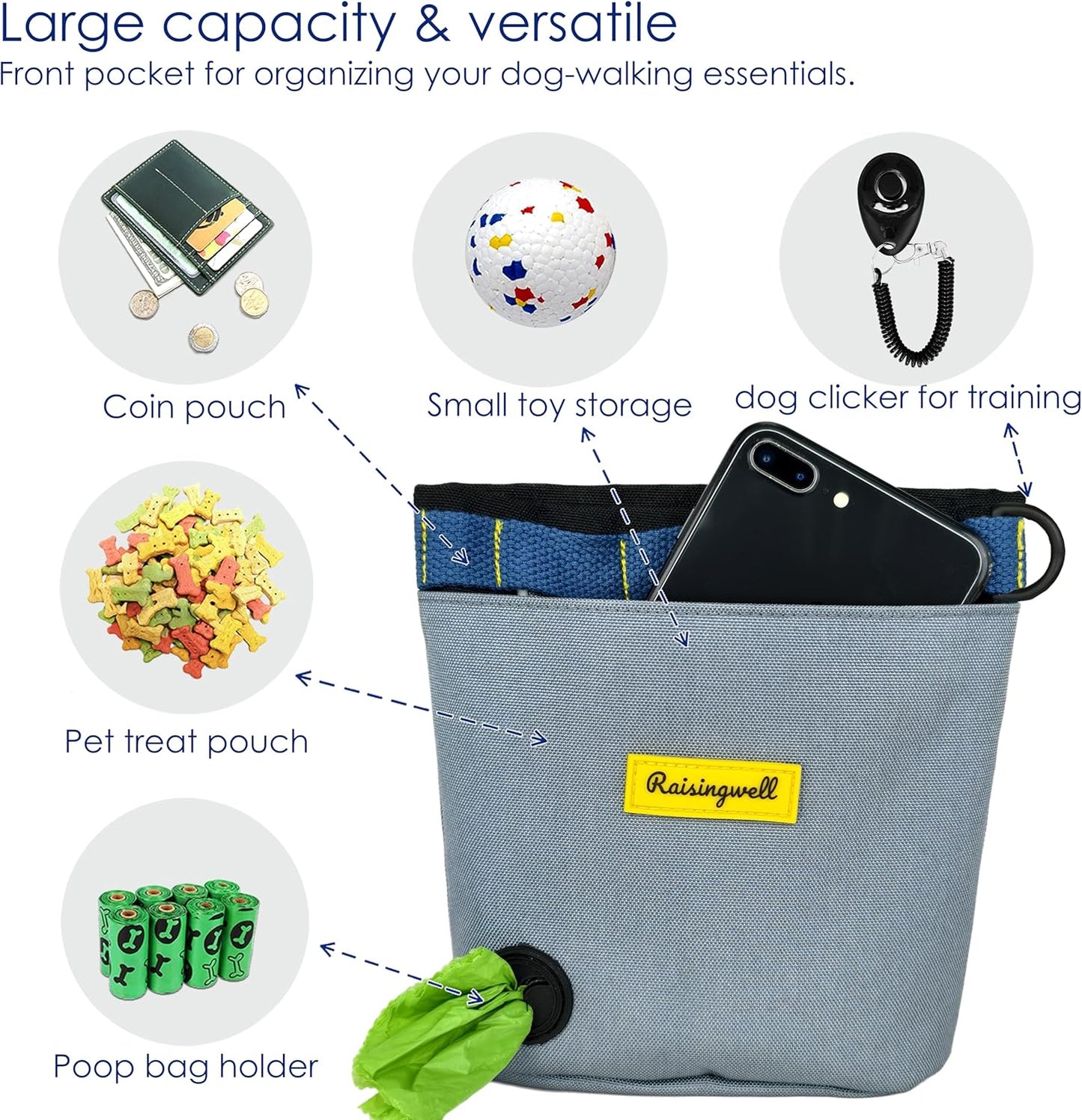 Dog Treat Pouch for Pet Walking and Training with Clicker 2 Cup Silicone Bag Small Fanny Pack Holder for Puppy Snack Dispenser Kit for Leash and Outdoor Use (Gray)