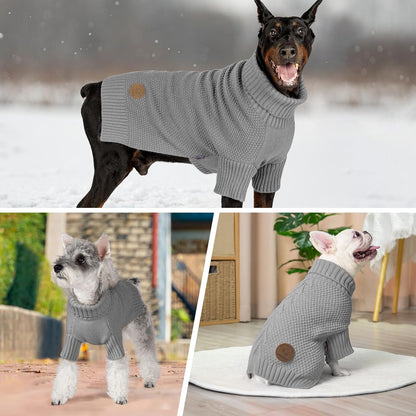 cyeollo Dog Sweater Turtleneck Knitted Sweaters with Leash Hole Soft Knitwear Warm Dog Clothes for Medium Dogs, Grey XXL