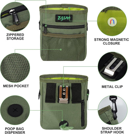 Dog Treat Pouch with Collapsible Dog Bowl, Training Clicker and Poop Bags, Treat Pouches for Pet Training, Magnetic Closure, Built-in Poop Bag Dispenser, Waist Belt Clip, Puppy Treat Bag - Green
