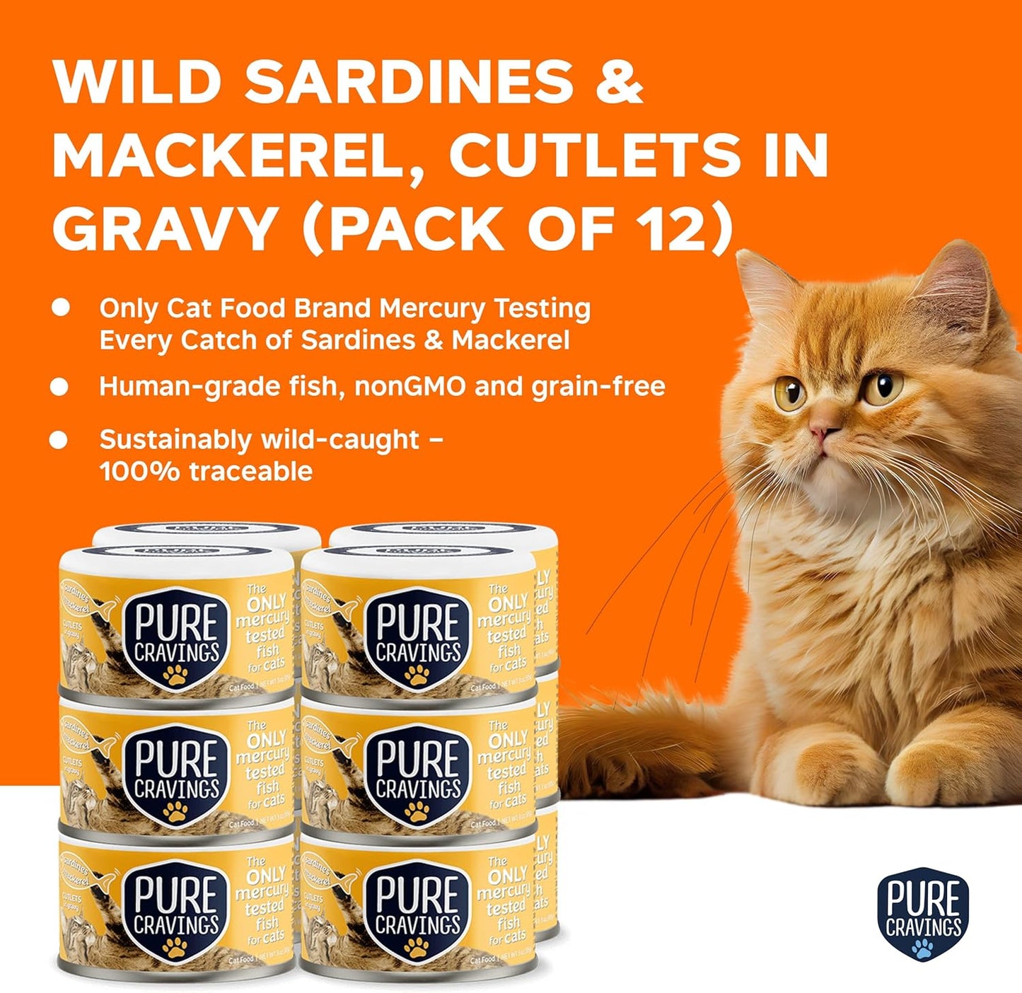 Wet Cat Food Canned Mackerel and Sardine Cutlets in Gravy, Every Catch is Mercury Tested, Moist Can Fish for Cats, Grain-Free, Protein, Non-GMO, Pack of 12