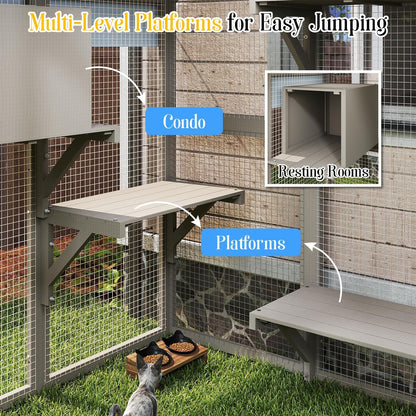 Cat Catio Outdoor Enclosure for Multiple Cats, Large Wooden Walk-in Cat House with Window Connection, 2 Condos, Platforms, Doors, and Weatherproof Roof Cover (69.5" L x 47" W x 71" H)