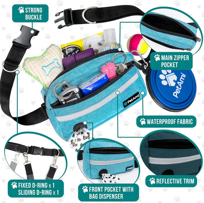 PetAmi Hands Free Dog Leash, Running Leash Belt for Walking, Jogging, Waist Zipper Pouch with Poop Bag Dispenser, Dual Padded Handles, Reflective Durable Bungee Single, Turquoise, 1