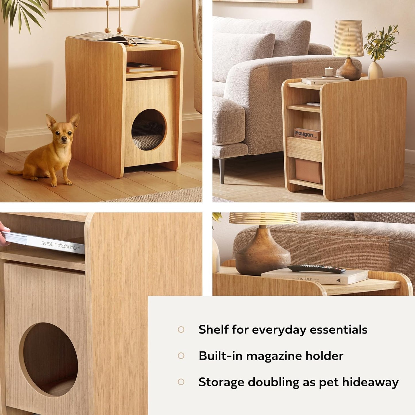 WERMO 12'' Narrow End Table for Living Room - Small Side Table with Shelf, Magazine Holder and Storage Doubling as Cat Hideaway for Couch, Chair and Bedside. Wood Night Stand for Bedroom (Oak)