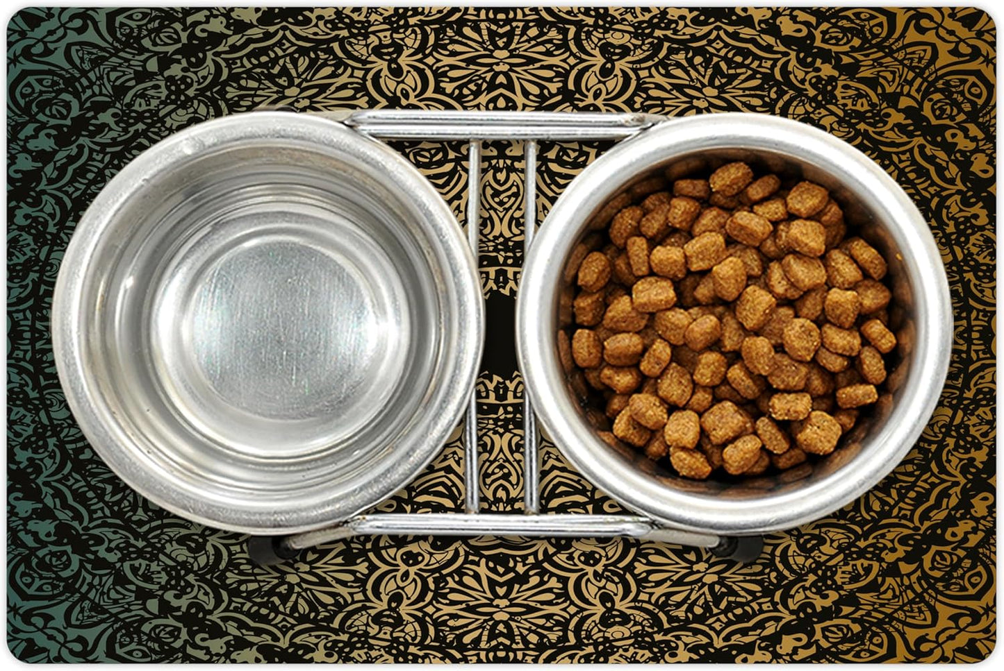 Lunarable Mandala Pet Mat for Food and Water, Round Design Detailed Floral Pattern in Earthy Tones, Non-Slip Rubber Mat for Dogs and Cats, 18" X 12", Fern Green