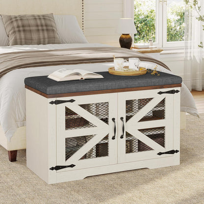 Farmhouse Storage Bench with Cushion, Metal and Wood Shoe Rack Organizer, Adjustable Shelf, Shoe Cabinet with Half Hidden Storage Space, for Entryway, Bedroom, Living Room (Old White, 31.4in)