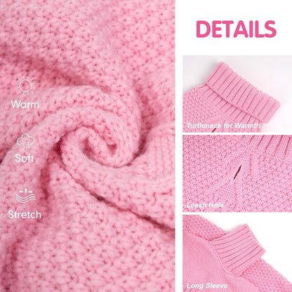 cyeollo Dog Sweater Warm Turtleneck Knitwear Pullover Sweaters with Leash Hole Soft Winter Dog Clothes Sweaters for Dogs,Pink, L