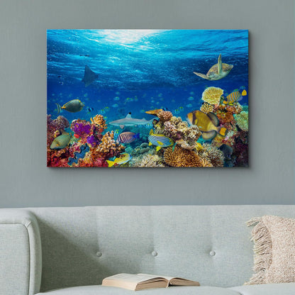 wall26 Canvas Print Wall Art Vibrant Sunshine Ray Coral Reef Turtle Fish Nature Animals Photography Realism Rustic Scenic Landscape Wilderness Colorful for Living Room, Bedroom, Office - 32"x48"