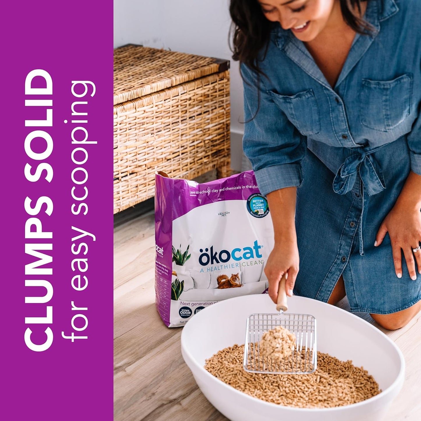 ökocat Less Mess Low Tracking Wood Clumping Cat Litter Mini- Pellets, Unscented, 18.6 pounds - Natural Ingredients, Stops Odor, Clumps Solid, 99% Dust Free, Great for Long-Hair Breeds