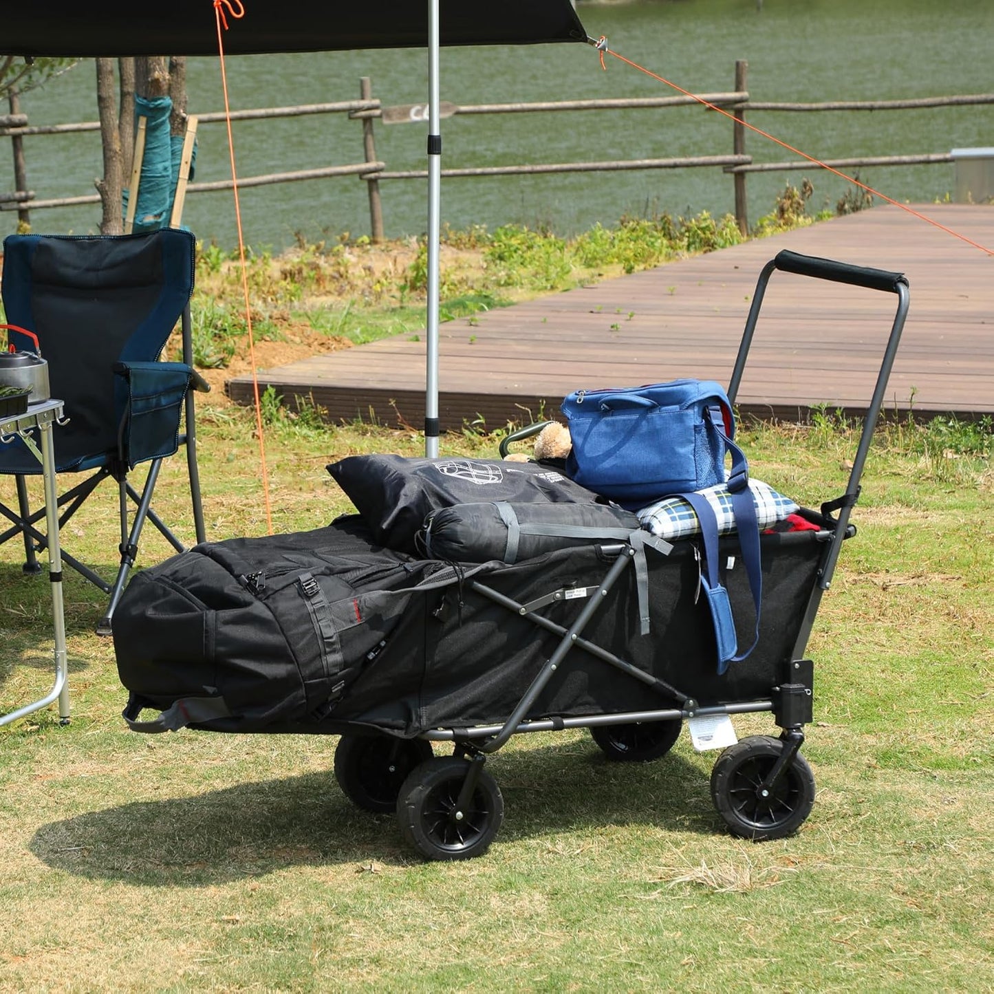 REDCAMP Folding Dog Wagon Cart with Extendable Rear End Heavy Duty, 220L Large Collapsible Utility Cart Dog Stroller with Tailgate for Sports Shopping Pet, Black