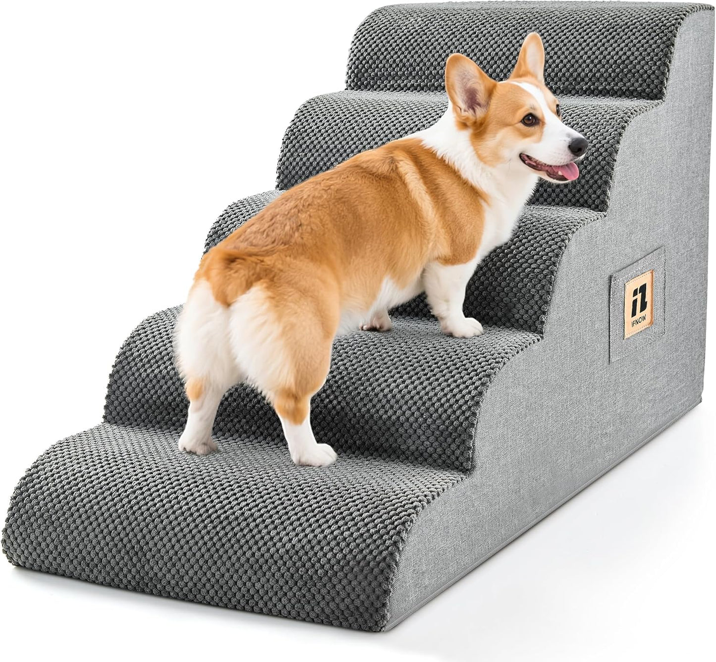 IFNOW Dog Stairs for Small Medium Dogs and Cats 19.7" H, 5-Step Studry Dog Steps for Bed, Couch, High Density Foam Pet Stairs for Dogs to Get on Bed, Non-Slip Balanced Curved Indoor Pet Ramp, Grey