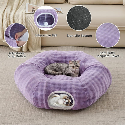 Bubble Cat Tunnel for Indoor Cats, Round Peekaboo Cave Toy with Dangling Balls, Donut Tunnel Bed with Circle Mat for Puppy Kitten Rabbit, Dusty Purple