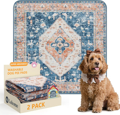 Lahome Super Absorbent & Leakproof Washable Dog Pee Pads - 2 Pack Value Set - Waterproof, Non-Slip Reusable Pads for Puppy Training, Crates & Whelping (24"x24", Beige Blue)