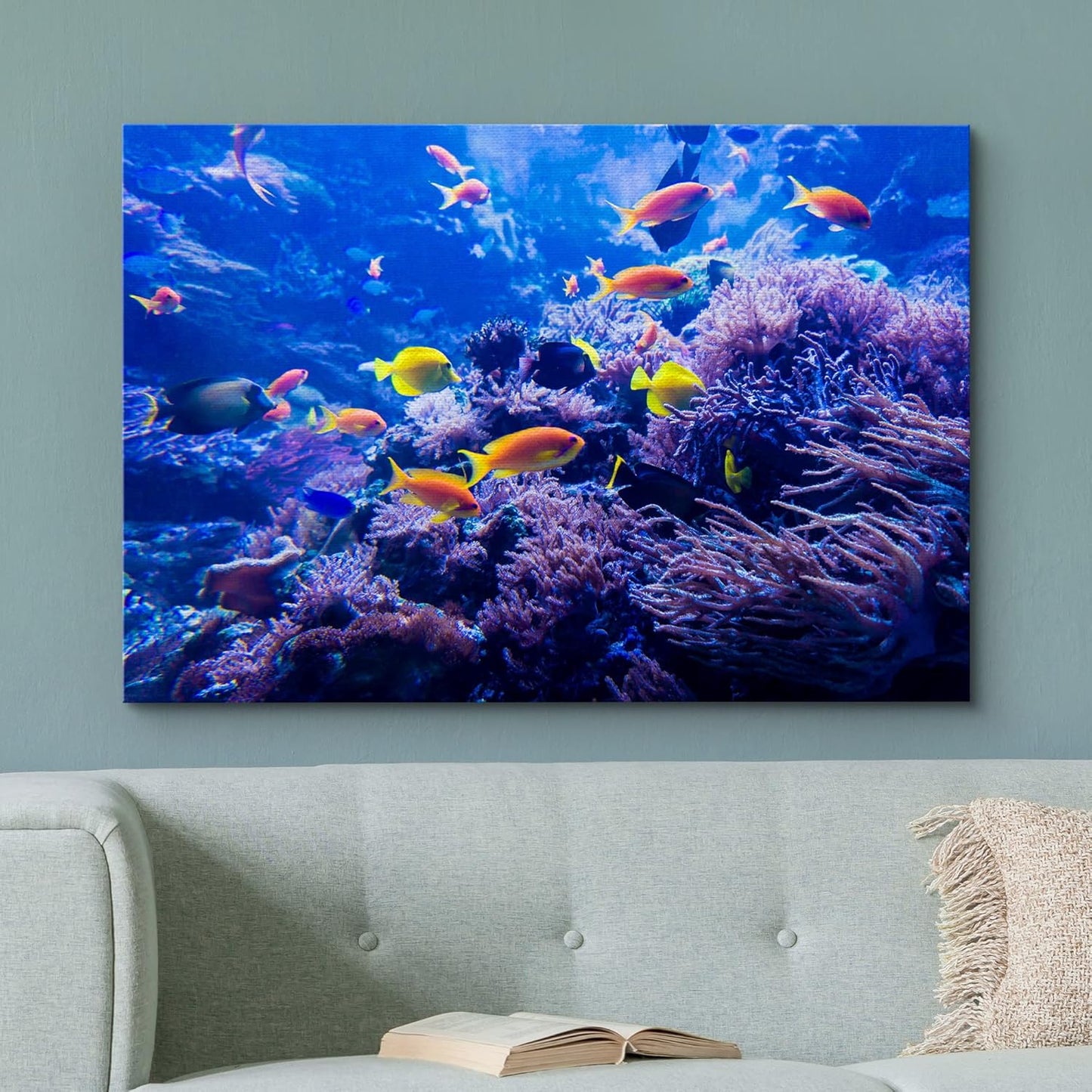 wall26 Canvas Print Wall Art Purple Blue Vibrant Anemone Coral Reef Fish Nature Animals Photography Realism Rustic Scenic Landscape Wilderness Colorful for Living Room, Bedroom, Office - 32"x48"