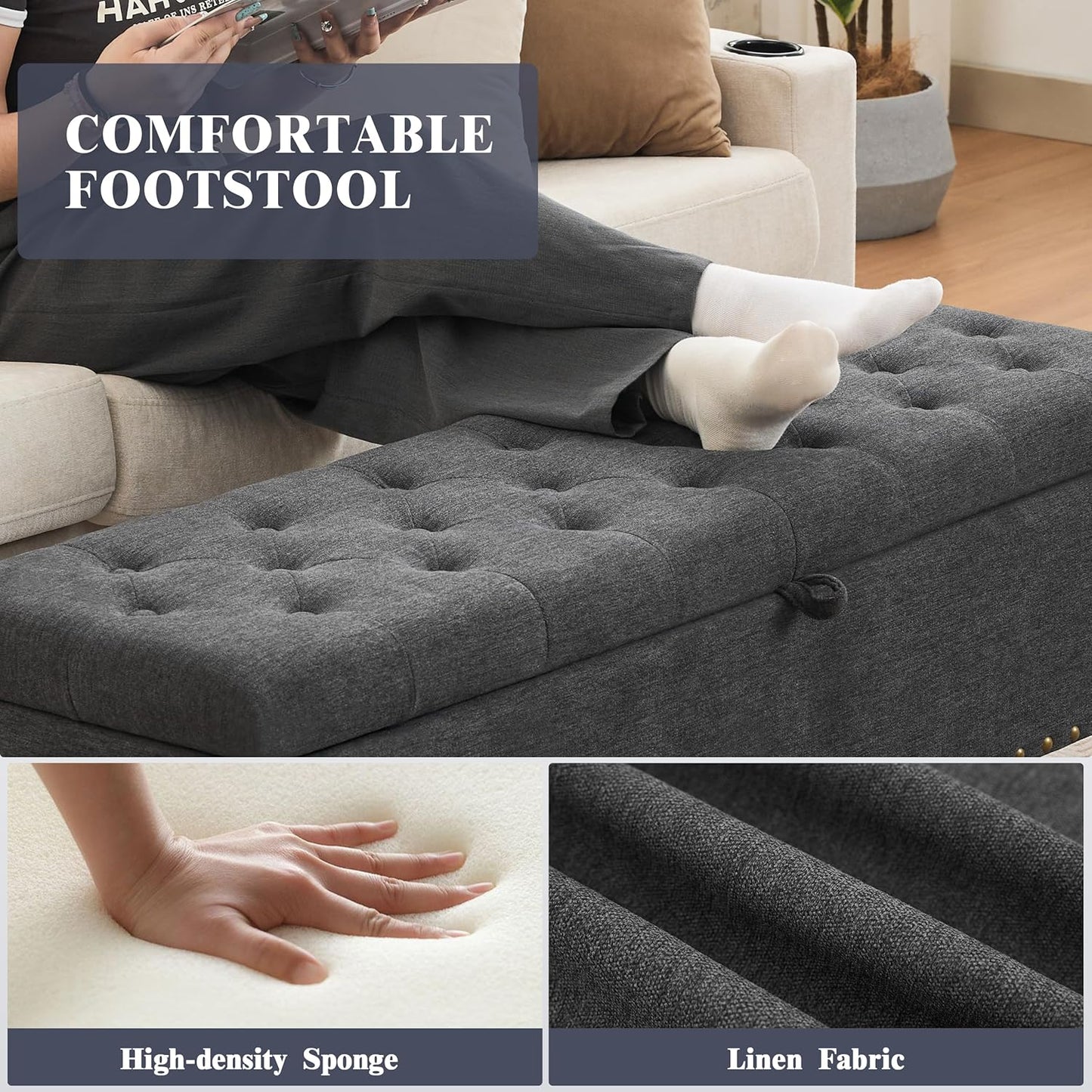 Mangodan51” Linen End of Bed Storage Bench, Tufetd Upholstered Storage Ottoman Bench with Safety Hinge, 330 lb Large Ottoman with Storages for Living Room, Entryway & Bedroom, Window Benches, Grey